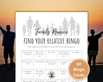 50 Family Reunion Find Your Relative Bingo Cards, Reunion Icebreaker Game