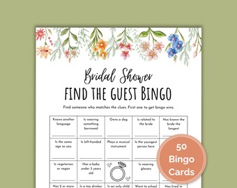 Bridal Shower Bingo: Find The Guest, 50 Unique Cards (Printable Instant Download)