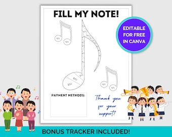 Editable Band/Choir Fundraiser Tracker, Fill Your Note/Musical Notes Design, Canva Editable, Bonus Form Included