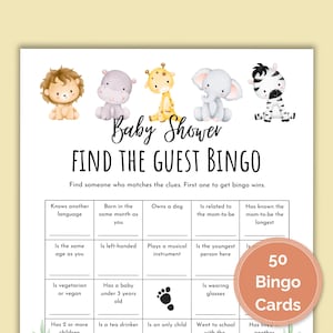 50 carte da bingo "Trova l'ospite" per baby shower, gioco per baby shower, design con animali, gioco perfetto per socializzare, download istantaneo stampabile