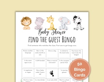 50 Baby Shower Find the Guest Bingo Cards, Baby Shower Game, Animal Design, Perfect Game to Mix and Mingle, Printable Instant Download