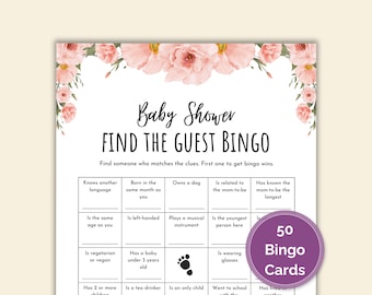 Floral Baby Shower Bingo: Find The Guest Game, 50 Cards (Digital Download)