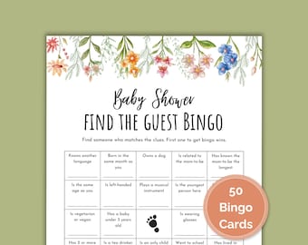 50 Baby Shower Find the Guest Bingo Cards, Spring or Summer Baby Shower Game, Perfect Game to Mix and Mingle, Printable Instant Download