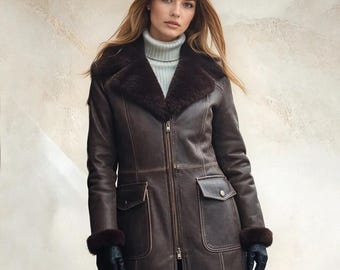 Abrigo vintage marrón de piel de cordero envejecida con forro de borrego – Chaqueta larga de invierno con ribete de piel auténtica