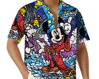 Chemise hawaïenne Disney Mickey Magic Kingdom, chemise boutonnée Mickey le magicien, chemise hawaïenne Disney d'été