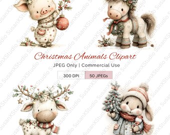 May include: A set of watercolour Christmas animal clipart, including a pig with a bauble, a horse with a wreath, a reindeer with antlers, and a bunny with a Christmas tree. The text "Christmas Animals Clipart" is visible.