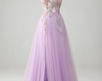 Gorgeous Tulle A-Line Prom Dress, Glitter Lilac Party Gown, Evening Dress with Flowers, Custom Formal Prom Dress, Handmade Straps Party Gown