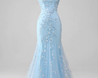 Charming Strapless Prom Dress, Light Blue Sheath Evening Dress, Handmade Beaded Formal Dress, Beaded Prom Evening Dress, Custom Party Dress