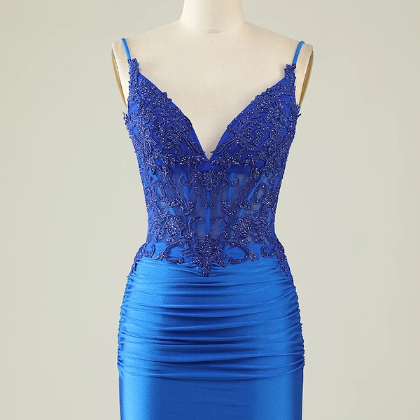 Spaghetti Straps Royal Blue Cocktail Dress, Short Party Dress, Beading Homecoming Dress, Custom Handmade Formal Dress, Sexy Mini  Prom Dress