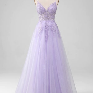 Elegant A-Line Prom Dress, Spaghetti Straps Evening Dress with Beading, Light Purple Prom Gown, Handmade Sweet 16 Dress, Custom Formal Dress