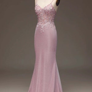 Custom Handmade Prom Dress, Pink Spaghetti Straps Party Dress, Mermaid Formal Dress, Glitter Blush Evening Dress with Beading
