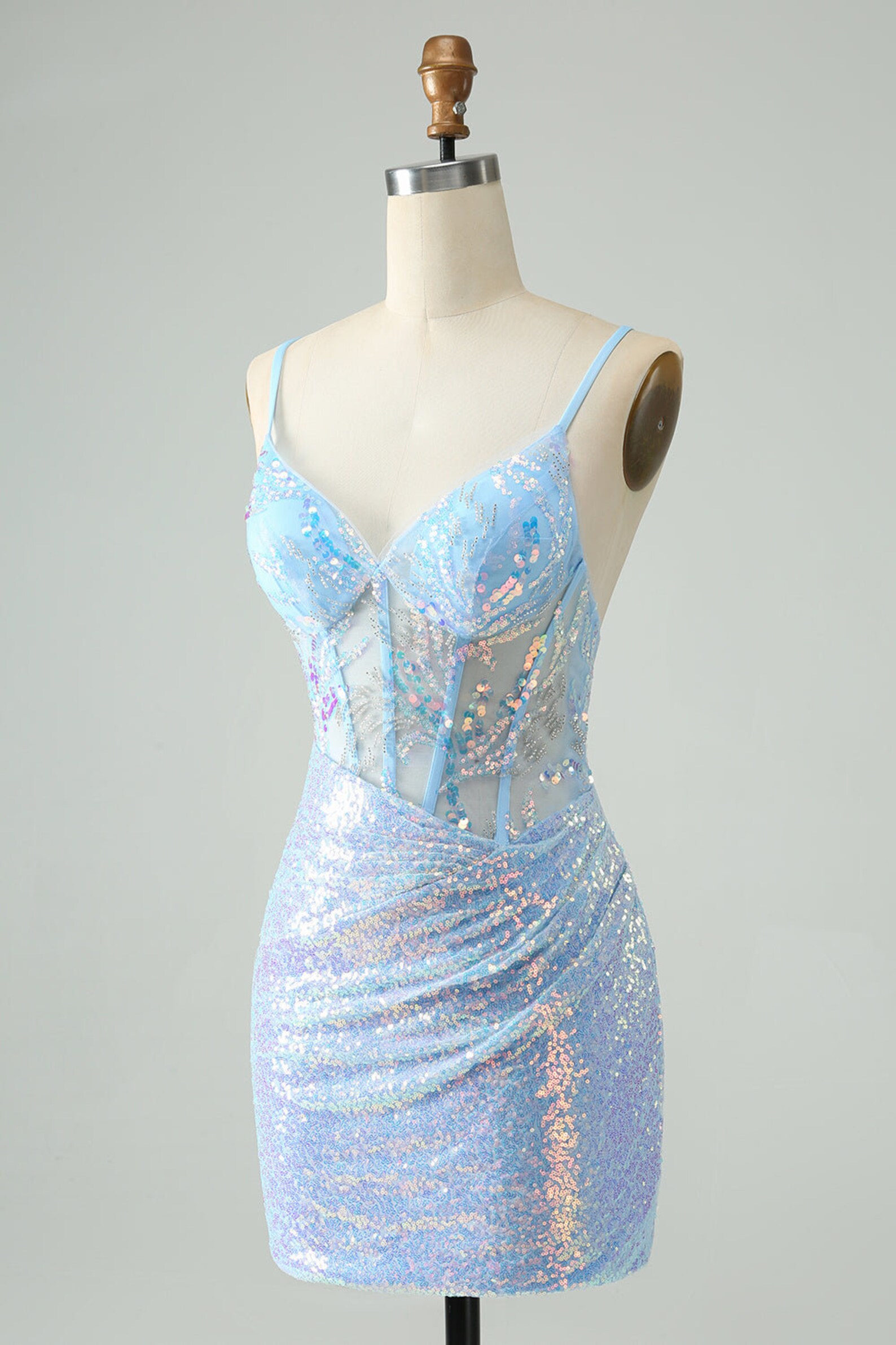 Pretty Spaghetti Straps Blue Chiffon Sequin Long Party Dress Prom Gown SP968 main image 0