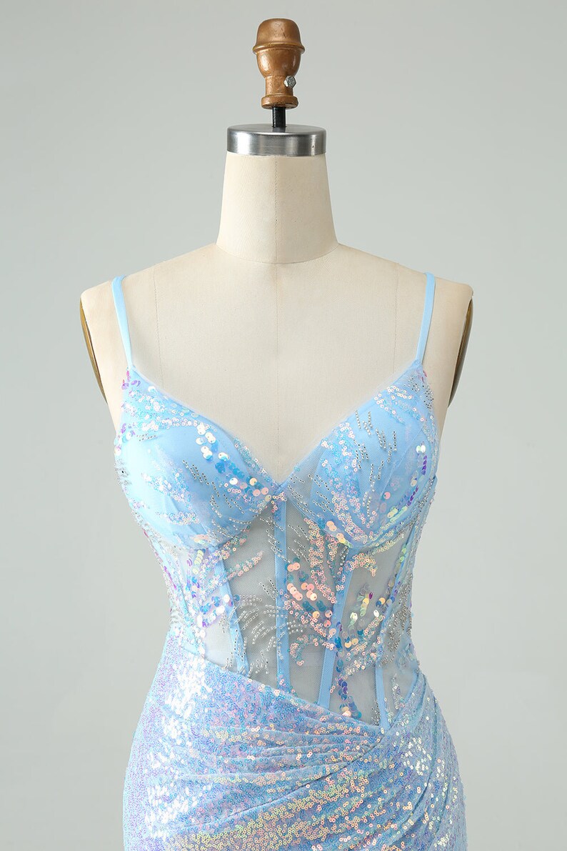 Spaghetti Straps Light Sky Blue Sequin Bodycon Mini Party Dress Short Prom Dress main image 1