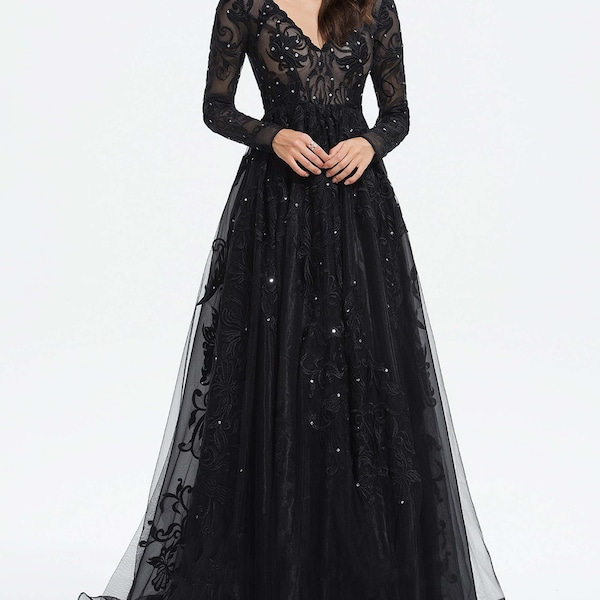 Gorgeous V-Neck Prom Gown, Formal Dress with Long Sleeves, Black Evening Gown, Custom Prom Evening Gown, Handmade Party Gown Formal Dress
