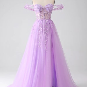 Elegant A-Line Prom Dress, Lilac Princess Dress, Off The Shoulder Evening Dress, Beaded Formal Dress, Custom Prom Gown, Handmade Party Gown