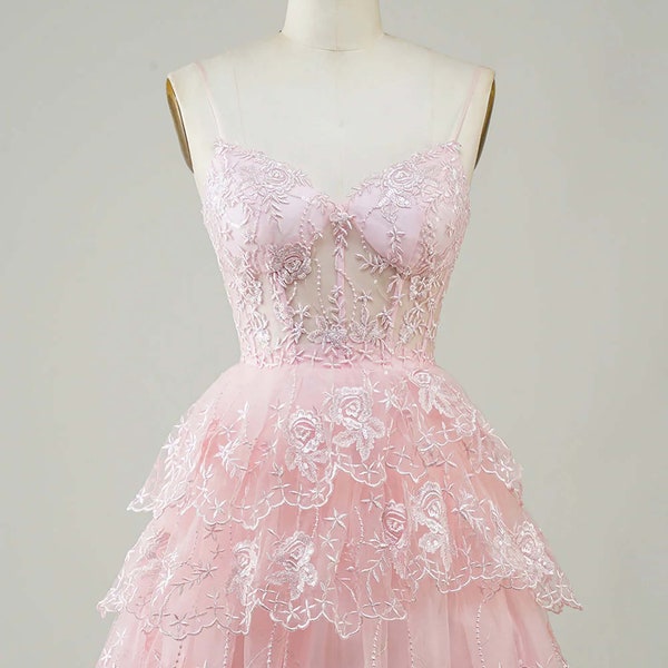 A-Line Homecoming Dress, Spaghetti Straps Cocktail Dress, Pink Short Party Dress, Corset V-Neck Mini Dress, Custom Handmade Homecoming Dress