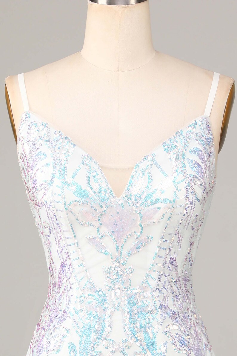 Pretty Spaghetti Straps Sequin Beaded Cocktail Dress Formal White Mini Homecoming Dress Y8937 main image 0