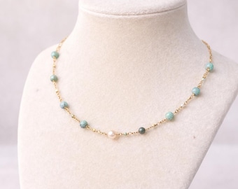 Turquoise & Pearl Necklace – Dainty Gold Beaded Jewelry