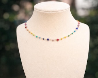 Rainbow Gemstone Necklace – Dainty Gold Beaded Colorful Minimalist Layering Jewelry