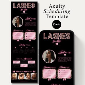 May include: Black and pink digital template for a lash artist, featuring the text "Lashes by Lizzy" in a leopard print font. Includes business hours, contact info, and booking policies. The template is designed for use with Acuity Scheduling.