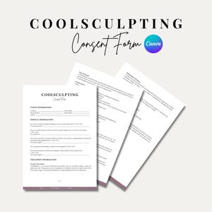 Puede incluir: Un formulario de consentimiento de CoolSculpting imprimible en blanco y negro con el texto "CoolSculpting Consent Form Canva" en la parte superior. El formulario incluye secciones para la información del cliente, la información médica y la información del tratamiento.