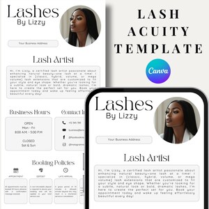 Könnte beinhalten: Eine weiße und schwarze digitale Vorlage für eine Visitenkarte einer Wimpernstylistin. Die Vorlage zeigt ein Foto einer Frau mit langen Wimpern, den Text "Lashes by Lizzy" sowie die Wörter "Lash Artist" und "Business Hours".