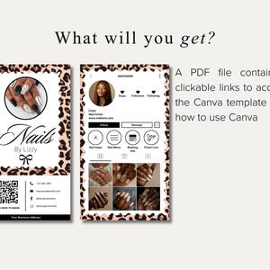 May include: Digital nail salon business card template with a leopard print border. The card features the text "Nails By Lizzy" and a QR code. The image also includes a mock-up of an Instagram profile and text that reads "What will you get?"