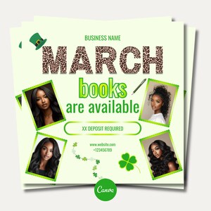 Può includere: Un volantino promozionale con sfondo verde chiaro. Il testo "MARCH books are available" è visualizzato, insieme a immagini di donne. Sono presenti anche un trifoglio verde e un cappello da folletto.