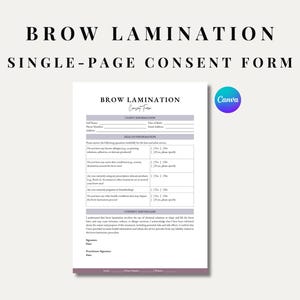 Op de afbeelding: Een printbaar toestemmingsformulier voor wenkbrauwlaminatie met een paars en grijs kleurenschema. Het formulier bevat secties voor klantgegevens, gezondheidsinformatie, toestemming en vrijgave, en handtekeningen.