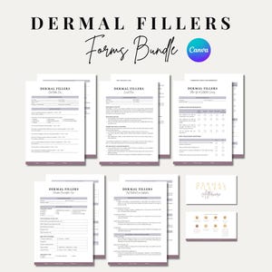 Puede incluir: Un conjunto de formularios imprimibles para rellenos dérmicos, con el título "Dermal Fillers Forms Bundle" y el logotipo de Canva. Los formularios incluyen secciones para la información del paciente, los detalles del tratamiento y el consentimiento.