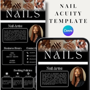 May include: A black and white template for a nail artist, featuring the word "NAILS" in a stylish font. The design includes a photo of a woman, business hours, contact information, and booking policies. The Canva logo is also visible.