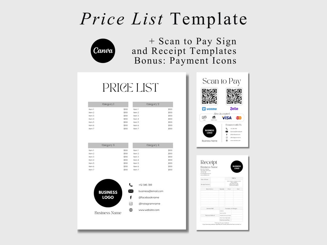 Editable Price List Template Payment Sign Template QR Code Sign for ...