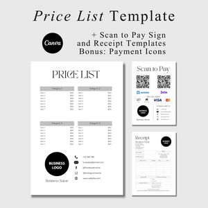 Puede incluir: Plantilla de lista de precios en blanco y negro. La plantilla incluye una lista de precios, un letrero de "Scan to Pay" y una plantilla de recibo. El letrero de "Scan to Pay" incluye códigos QR e iconos de pago. El texto "Price List Template" está en la parte superior de la imagen.