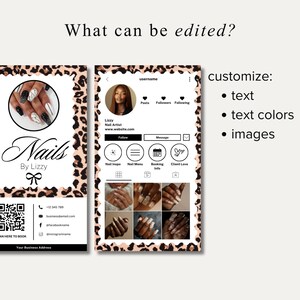 May include: A digital design for a nail artist's business card and Instagram profile. The card features a leopard print border, a logo with the text "Nails By Lizzy," and a QR code. The Instagram profile showcases nail art.
