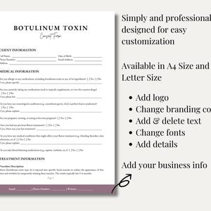 Plantilla de formulario de consentimiento de botox minimalista editable / PDF personalizable para clínica estética / Descarga digital instantánea para spa y belleza imagen 3