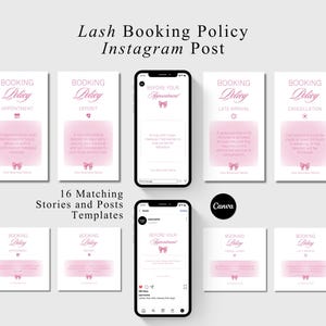 Könnte beinhalten: Ein digitales Marketing-Vorlagenset für Wimpernbuchungsrichtlinien, entworfen als Instagram-Posts. Das Design verfügt über ein sanftes Rosa- und Weiß-Farbschema mit eleganten Schriftarten. Das Set enthält Vorlagen für Termine, Anzahlungen, Verspätungen und Stornierungen.