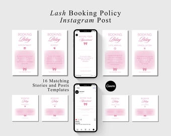 Puede incluir: Un conjunto de plantillas de marketing digital para políticas de reserva de pestañas, diseñadas como publicaciones de Instagram. El diseño presenta una combinación de colores rosa y blanco con fuentes elegantes. Incluye plantillas para citas, depósitos, llegadas tardías y cancelaciones.