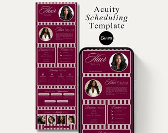 May include: A burgundy and white Acuity Scheduling Template for a hair stylist, featuring a mobile phone display. The template includes business hours, contact information, and booking policies. The design incorporates images of the stylist and the text "Hair by Lizzy."