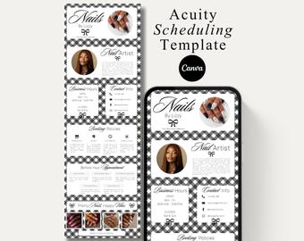 May include: Acuity Scheduling Template for Nails by Lizzy, featuring a black and white gingham design. The template includes business hours, contact information, booking policies, and nail art examples. A smartphone displays the template.