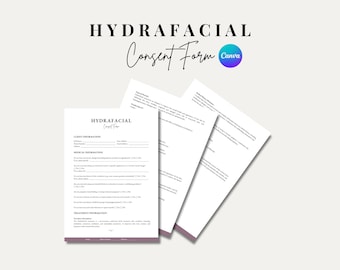 以下が含まれることがあります： 上部に「HydraFacial Consent Form Canva」というテキストが書かれた白黒のHydraFacial同意書。このフォームには、顧客情報、医療情報、治療情報のセクションが含まれています。