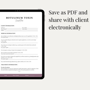 Puede incluir: Un formulario en blanco y negro titulado "Botulinum Toxin Consent Form" con secciones para la informaci&oacute;n del cliente, la informaci&oacute;n m&eacute;dica y la informaci&oacute;n del tratamiento. El formulario est&aacute; dise&ntilde;ado para guardarse como PDF y compartirse electr&oacute;nicamente con los clientes.