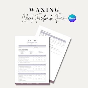 Könnte beinhalten: Ein schwarzweißes Kundenfeedbackformular für ein Waxing-Unternehmen. Das Formular enthält Abschnitte für die Serviceerfahrung, das Personal und die Umgebung, die Schmerzbehandlung und den Komfort sowie die Buchung und die Preise. Jeder Abschnitt hat eine Bewertungsskala von 1 bis 5.