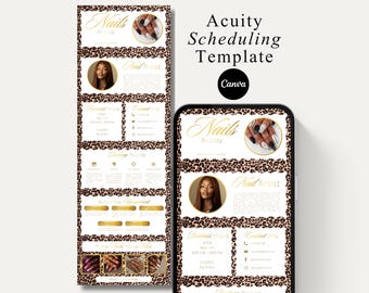 Puede incluir: Plantilla de programación Acuity para un salón de uñas, con un borde de estampado de leopardo y detalles dorados. El diseño incluye una foto de una artista de uñas, horario comercial e información de contacto. El texto "Nails by Lizzy" se muestra en dorado.