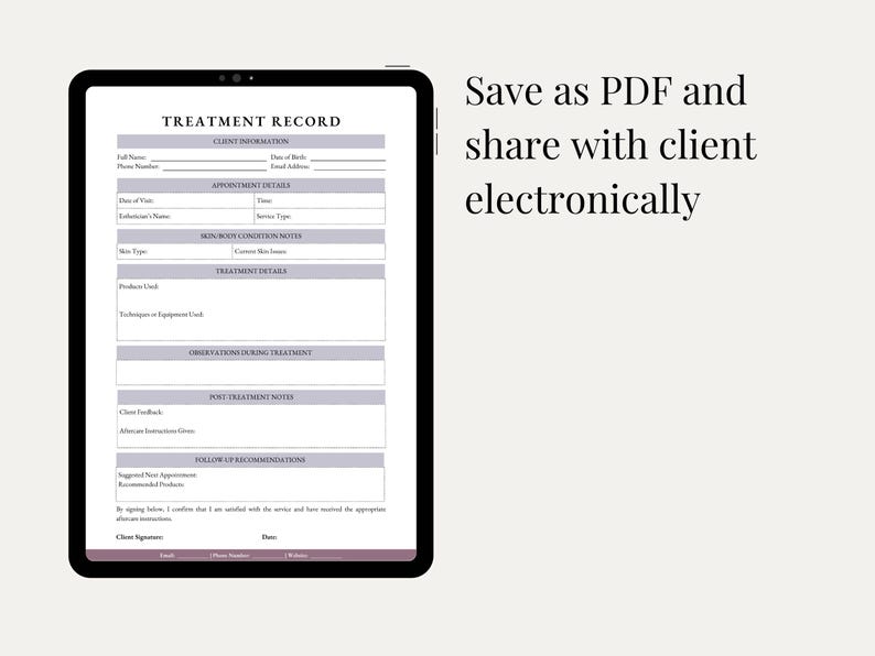 Esthetician Client Treatment Record Form: Editable Skincare Log (PDF ...