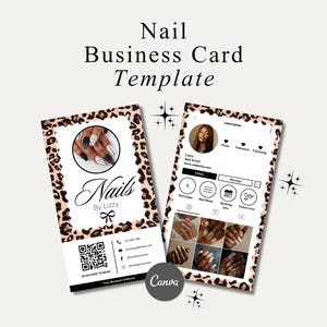 Peut inclure: Modèle de carte de visite pour ongles avec bordure léopard. La carte présente une photo d'ongles manucurés, le mot "Nails" et des coordonnées. Une maquette de profil Instagram est également affichée, présentant des exemples de nail art.