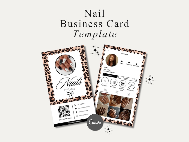May include: A nail business card template with a leopard print border. The card features a photo of manicured nails, the word "Nails," and contact information. An Instagram profile mockup is also shown, displaying nail art examples.