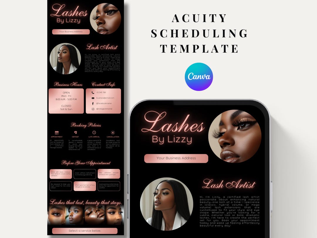Black Pink Lash Tech Acuity Scheduling Template | Luxury Editable Canva ...