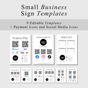 Könnte beinhalten: Eine Sammlung von Vorlagen für kleine Unternehmensschilder in Schwarz und Weiß. Die Vorlagen umfassen Optionen zum Scannen zum Bezahlen, zum Verbinden mit sozialen Medien und eine Preisliste. Zahlungs- und Social-Media-Symbole sind ebenfalls enthalten.