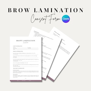 Könnte beinhalten: Ein schwarz-weißes Brow-Laminierungs-Einverständnisformular mit dem Titel "Brow Lamination Consent Form" und dem Text "Client Information", "Medical Information" und "Treatment Information".