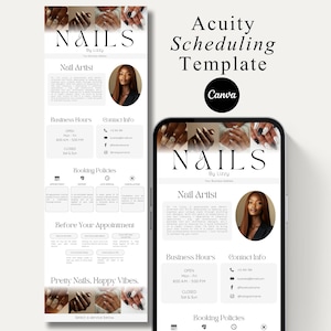 May include: Acuity Scheduling Template for a nail artist, displayed on a phone and a tablet. The template includes business hours, contact information, booking policies, and the text "Pretty Nails, Happy Vibes."
